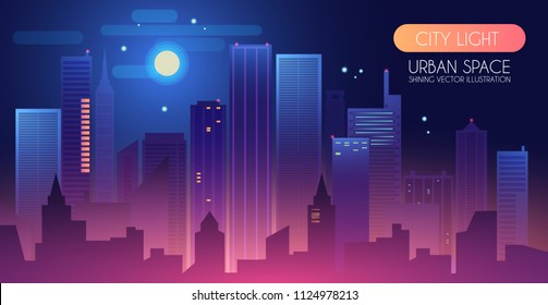 Night City Background with Shining Moon. Urban Lights. Modern Cityscape. Vector illustration