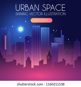 Night City Background with Shining Moon. Urban Lights. Modern Cityscape. Vector illustration