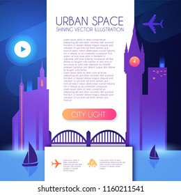 Night City Background with Shining Moon. Urban Lights. Modern Cityscape. Vector illustration