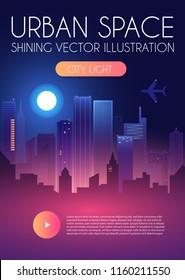 Night City Background with Shining Moon. Urban Lights. Modern Cityscape. Vector illustration