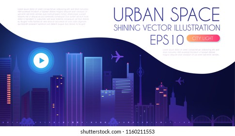 Night City Background with Shining Moon. Urban Lights. Modern Cityscape. Vector illustration