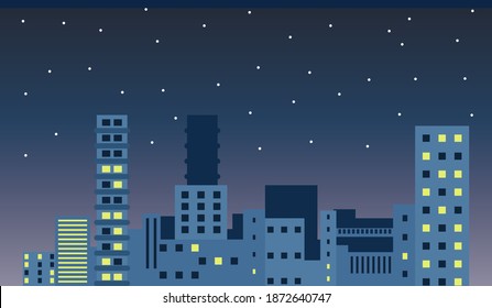 Night city background. Silhouette with stars and moon at the sky. Vector illustration.