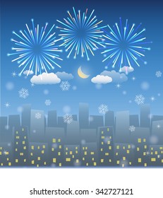 night city background with snow and firework