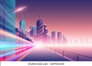 Night city background, Urban skyscrapers in neon colors, town exterior, architecture background. Residential construction.