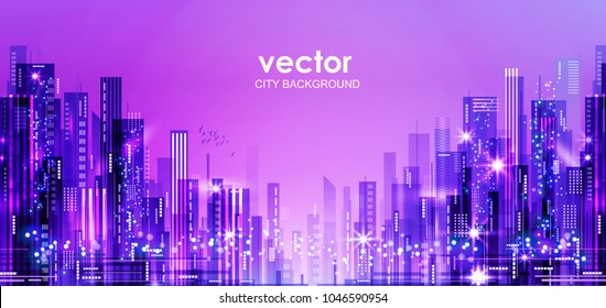 Night city background. Urban town streets skyline, illustration with architecture, skyscrapers, megapolis, buildings, downtown.