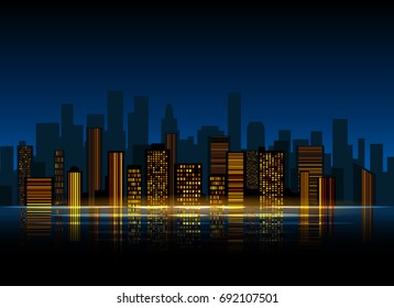 Night city background. Urban town streets skyline. Cityscape vector silhouettes