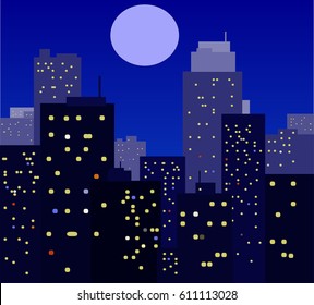 Night city background. Vector illustration. Moon