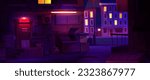 Night city backstreet with dim illumination. Vector cartoon illustration of dark alley between modern urban buildings, waste bins, trash bags, cardboard boxes on ground, bright city lights in windows