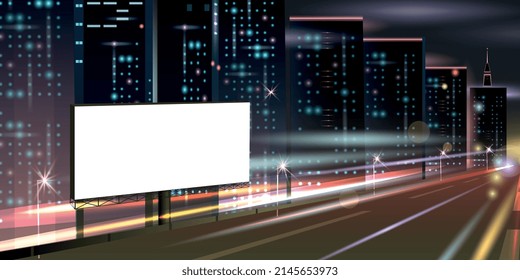 Night city banner realistic composition with view of motorway road with empty billboard and glowing buildings vector illustration