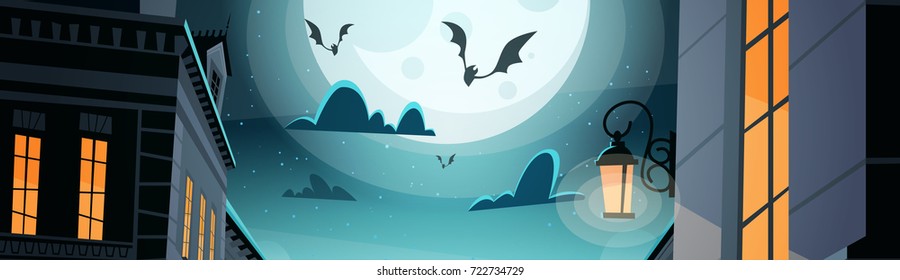 Night City With Bats In Sky Happy Halloween Party Celebration Concept Flat Vector Illustration