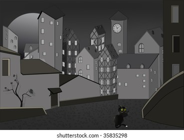 night  city and  black cat