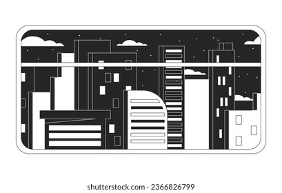 Night city black and white chill lo fi background. Subway window view linear 2D vector cartoon cityscape illustration, monochromatic lofi wallpaper desktop. Bw 90s retro art