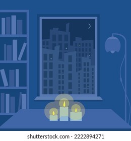 Apagón en la ciudad nocturna, ilustración vectorial. Cortes de energía. Vista desde un departamento con velas en una ciudad oscura. Paisaje urbano con siluetas de construcción de luna y rascacielos sin electricidad.  Ciudad oscura.