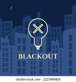 Night city blackout, vector illustration. Power outage. Cityscape with moon and skyscraper building silhouettes without electricity.  Dark City.