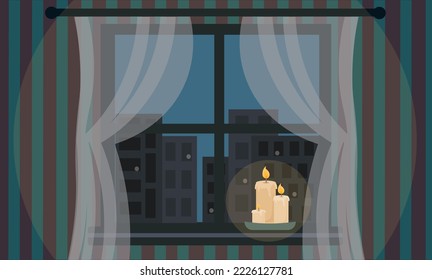 Night city blackout, vector illustration. power age. View from an apartment with candles on a dark city. Cityscape with building silhouettes without electricity. Energy crisis. Top view