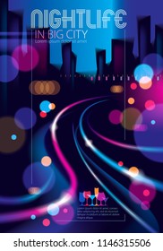 Night city with blurred lights bokeh texture vector illustration. Blur colorful dark background with cityscape, buildings silhouettes skyline. Brochure, flyer, cover, poster or guidebook template.