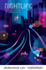 Night city with blurred lights bokeh texture vector illustration. Blur colorful dark background with cityscape, buildings silhouettes skyline. Brochure, flyer, cover, poster or guidebook template.