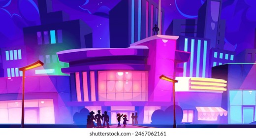 Night city building and neon club light on street background illustration. Nightclub entrance and people crowd silhouette landscape. Modern architecture facade of famous colorful metropolis view