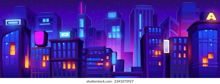 Night city building street with neon light background. Dark cityscape skyline with skyscraper urban view illustration scene. Future purple office scape horizon at nighttime for metaverse backdrop