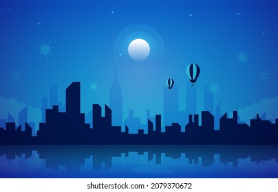 Night City Building Water Reflection New Year Card Vector Illustration
