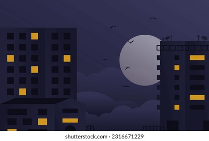 Night city buildings. Cartoon cityscape modern architecture full moon birds, minimal geometric landscape. Vector illustration