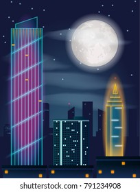 Night in the city. Buildings, full moon and stars on dark sky. Dark metropolis landscape with skyscrapers