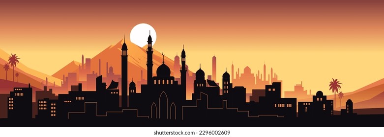 Night city buildings. Mosque and house silhouettes. Old arabian cityscape. Sunset town scenery. Sundown mountains. Arab evening. Scenic sky. Vector urban panorama background illustration