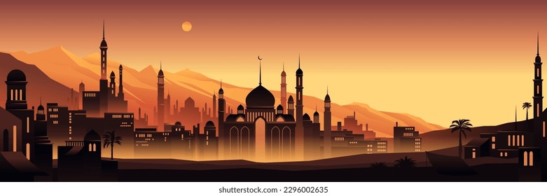 Edificios de la ciudad nocturna. Silhouettes de mezquita y casa. Antiguo paisaje urbano arabio. El paisaje de la ciudad al atardecer. Montañas soleadas. velada árabe. Cielo escénico. Ilustración de fondo de panorama urbano vectorial