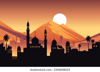 Night city buildings. Mosque and house silhouettes. Old arabian cityscape. Sunset town scenery. Sundown mountains. Arab evening. Scenic sky. Vector urban panorama background illustration