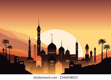 Night city buildings. Mosque and house silhouettes. Old arabian cityscape. Sunset town scenery. Sundown mountains. Arab evening. Scenic sky. Vector urban panorama background illustration