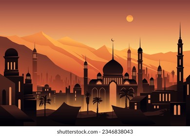 Night city buildings. Mosque and house silhouettes. Old arabian cityscape. Sunset town scenery. Sundown mountains. Arab evening. Scenic sky. Vector urban panorama background illustration