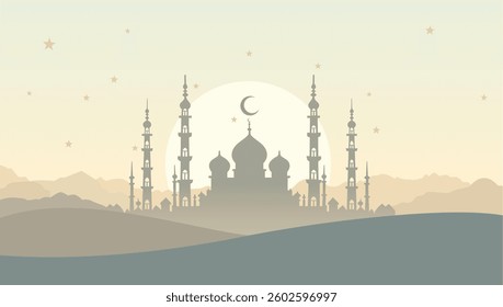 Night city buildings. Mosque and house silhouettes. Old arabian cityscape. Sunset town scenery. Sundown mountains. Arab evening. Scenic sky. Vector urban panorama background illustration