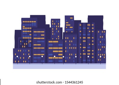 Night city buildings vector illustration. Town street lighting. Multi-storey houses with shining windows isolated on white background. Evening, nighttime. Business centre, apartment house exterior.