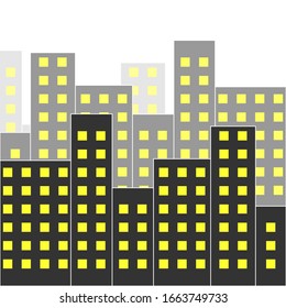 Night city buildings with yellow light from apartment windows