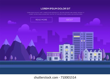 Night city by the mountains - modern vector illustration with place for text. Cityscape with hills, park, road, car, houses, skyscraper, purple sky with clouds