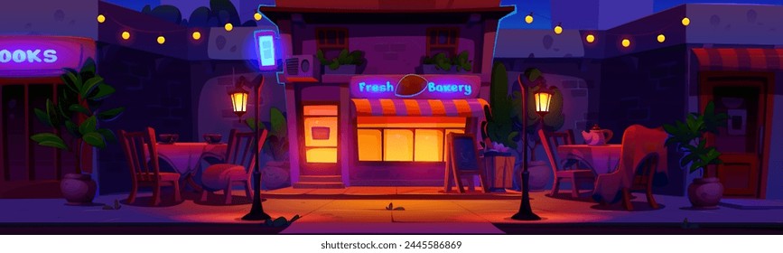 Night city cafe. Outside street bar or restaurant cartoon background. Cafeteria facade illustration with bulb light garland and plant on terrace. Bistro with romantic patio on sidewalk in evening