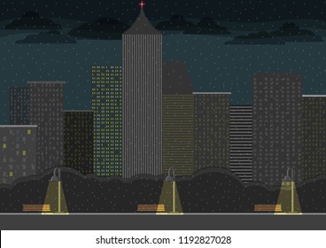 night city card. night park. rainy weather. Vector illustration