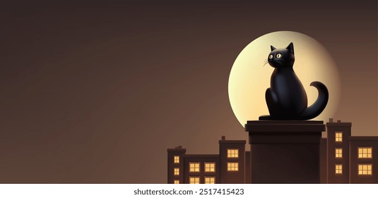 Cidade noturna, e um gato sentado em uma chaminé contra o fundo do luar, 3D. Linda imagem mística para conceitos publicitários e promoção de produtos. Vetor