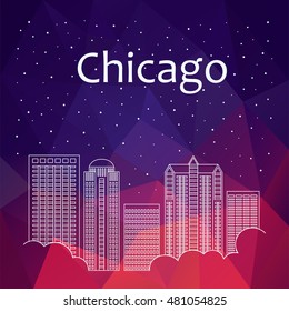 Night city Chicago in flat style for banner, poster, illustration. Chicago in line style - snow is falling. Night life and starry sky in Chicago. Hackathon, workshop, seminar, lecture in Chicago city