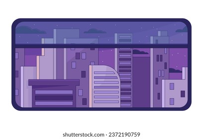 Night city chill lo fi background. Subway window view 2D vector cartoon cityscape illustration, purple lofi wallpaper desktop. Sunset aesthetic 90s retro art, dreamy vibes