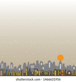 Night city. Cityscape on background brown lights moon and star. vector