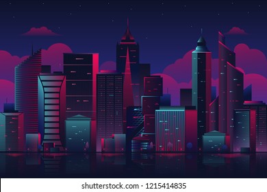 Night city. Cityscape on a dark background with bright and glowing neon purple and blue lights