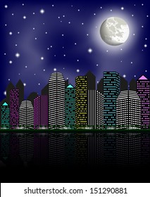 Night city, clear sky and moon, vector illustration 