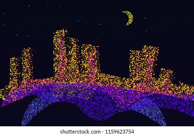 A night city of colored glowing particles of colorful dots. Vector illustration.