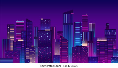 Night city. Colorful new york urban background. Modern cityscape panorama vector illustration. City urban skyline, architecture downtown skyscraper illuminated