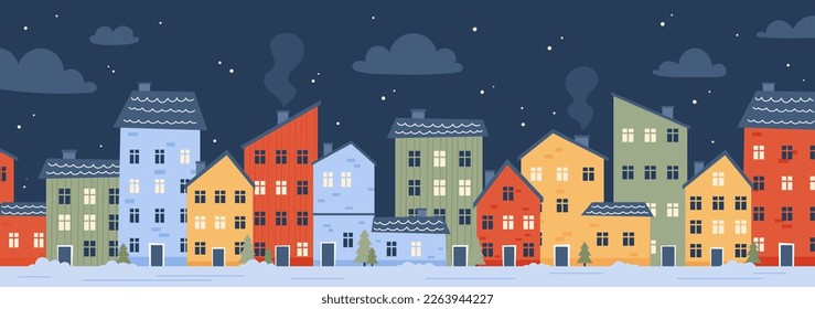 Night city concept. Urban architecture, winter landscape. Poster or banner for website. Christmas trees next to red and blue houses. Empty street at dusk. Cartoon flat vector illustration