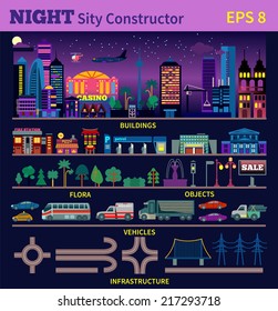 Night city constructor. Make your own city in the night time.Buildings, transportation,infrastructure and many other design elements in modern flat style. Vector illustration