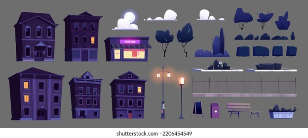 Night city constructor set of houses, buildings, shop, street lanterns, trees, bushes, bench, fence, waste bin, moon shining through clouds. Midnight cartoon town design elements vector illustration