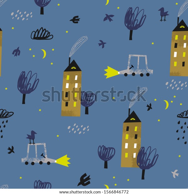 Night city. Cute seamless pattern with\
houses, cars and trees. Toy city. Vector\
background.