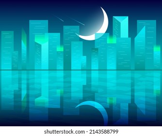 Night city with cyan lights and moon. Futuristic cityscape reflection in water. Vector architectural illustration.	